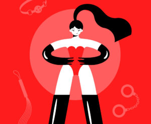 A dominant woman with a ponytail in a red corset and latex boots and gloves stands in a confident pose Онлайн терапія